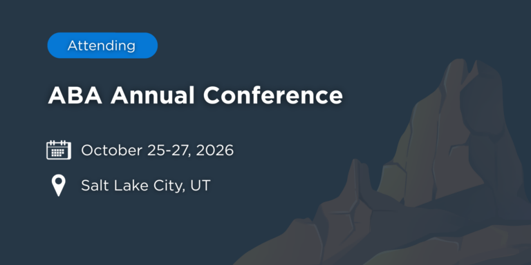 Graphic displaying “Attending ABA Annual Conference” with event details listed as October 25–27, 2026 in Salt Lake City, Utah, on a dark blue background featuring stylized mountain rock formations on the right side.