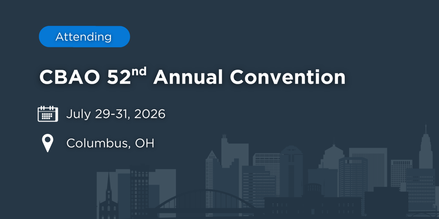 Graphic showing “Attending CBAO 52nd Annual Convention” with event details listed as July 29–31, 2026 in Columbus, Ohio, set against a dark blue background with a city skyline illustration.