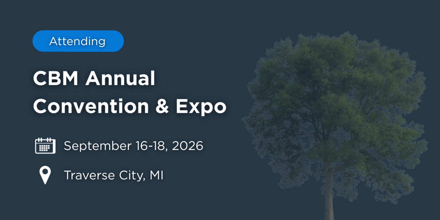Graphic displaying “Attending CBM Annual Convention & Expo” with event details listed as September 16–18, 2026 in Traverse City, Michigan, on a dark blue background with a large tree illustration on the right side.
